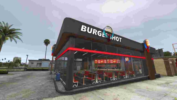 Burgershot MLO is a detailed and interactive map extension for FiveM, offering a realistic diner environment that enhances roleplay experiences.