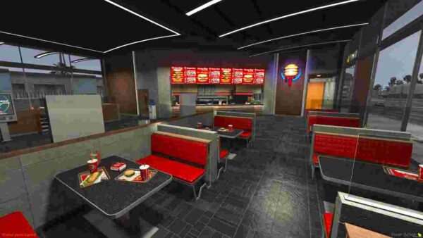 Burgershot MLO is a detailed and interactive map extension for FiveM, offering a realistic diner environment that enhances roleplay experiences.