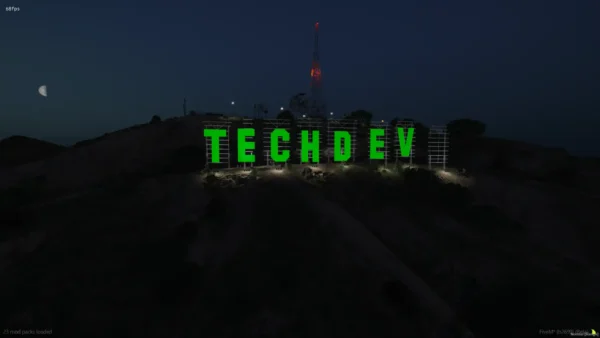 Custom Vinewood sign in FiveM with neon lights and city skyline