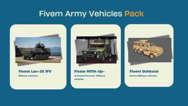 Add realistic military vehicles to your Fivem server with the Army Vehicles Pack. Experience intense battles with tanks, jeeps, and armored trucks.